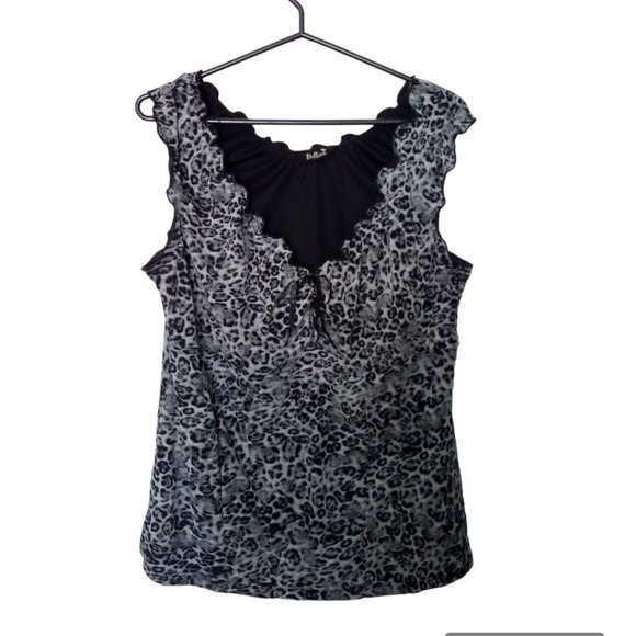BELLINA Dressy Animal Print Stretchy Frilled Trim Silky Ruched Top - Picture 1 of 3